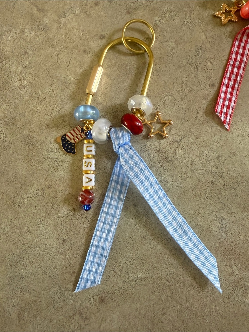 Women’s Ribbon Keyring with Blue Gingham Ribbon and Gold Accents